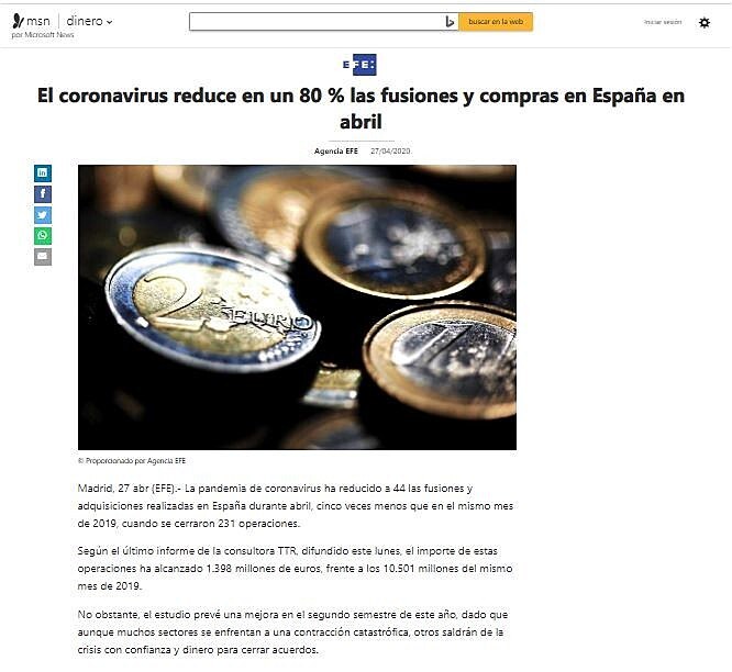 El coronavirus reduce en un 80 % las fusiones y compras en Espaa en abril